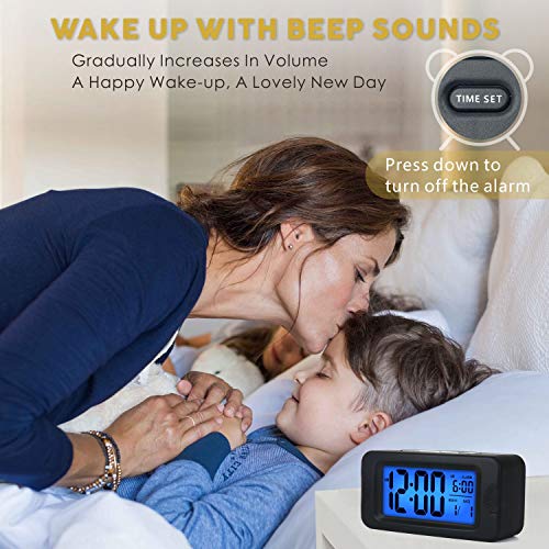 Digital Alarm Clocks - Plumeet Kids Clock Light Up All Night, 4'' LCD Display Showing Time Alarm Date - Bedside Clocks with Snooze for Bedroom Kitchen Office Battery Operated (Black)