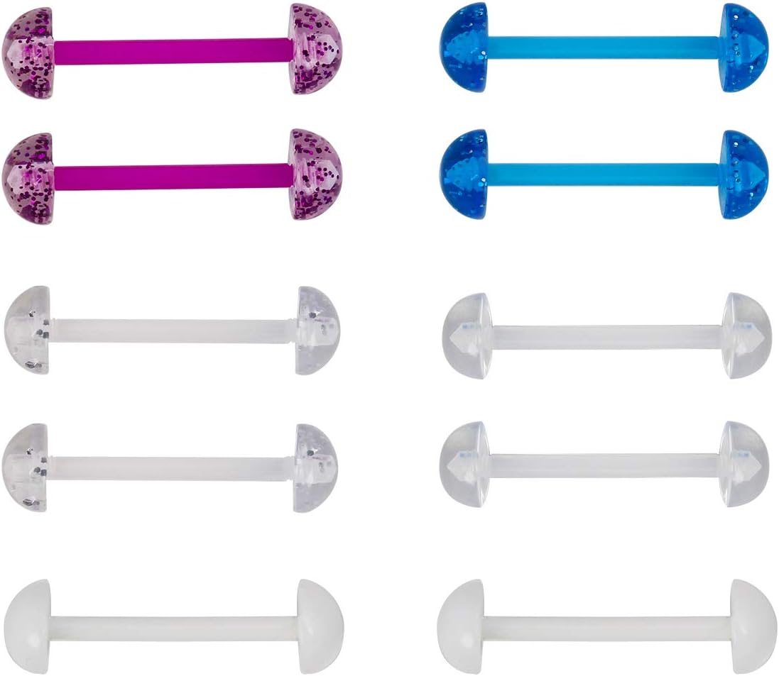 CrazyPiercing 5Pair Acrylic Tongue Rings 14G Flexible Glitter Half Ball Tongue Barbell Retainer Body Piercing Jewelry Bar Length 16mm