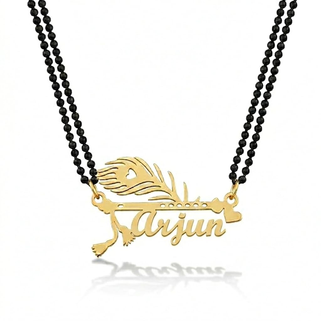 Personalized Single Name Mangalsutra for Women with Mor Pankh Bansuri Design Custom Name Necklace Gold Plated Black Beads Chain Krishna Theme Elegant Customized Jewelry Gift for Wife Girlfriend Daily Wear-image-24