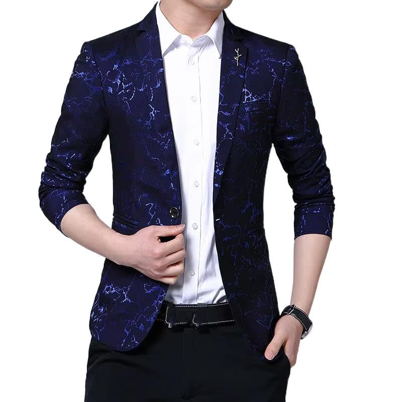 Men's Korean Style Printed Suit Jacket Loose Casual Blazer for Men-Deep Blue01