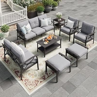 FansaFurn 8-Piece Outdoor Patio Furniture Set, Outdoor Metal Sectional Furniture with Cushions, Outdoor Conversation Seating Set with Coffee Table for Balcony, Garden, Deck, Backyard, Grey