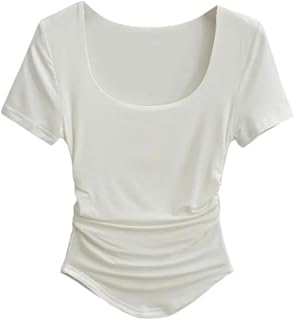 AYAZER Retro Square Neck Double Layer Short Sleeve T-Shirt Niche Hot Girl Design Pleated Slim Fit Stretch Versatile Curved Top with Side Pleats