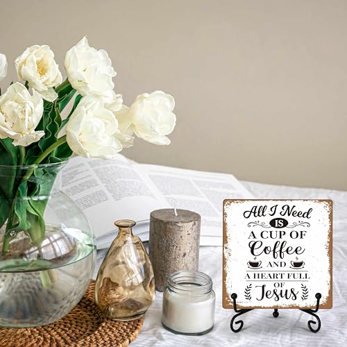 Image of Coffee Bar Decor, All I Need Is A Cup Of Coffee Christian Wooden Plaque Sign With Iron Stand, Rustic Kitchen Decoration for Farmhouse Home, Vintage Desk Sign for Cafe -64