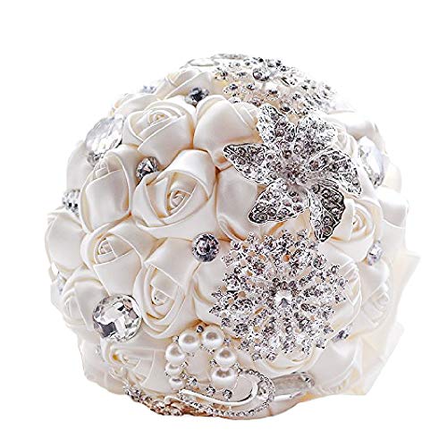 Abbie Home Advanced Customization Romantic Bride Wedding Holding Toss Bouquet Rose With Pearls And Rhinestone Decorative Brooches Accessories-Multi Color Selection (Creamy White) #TOP9
