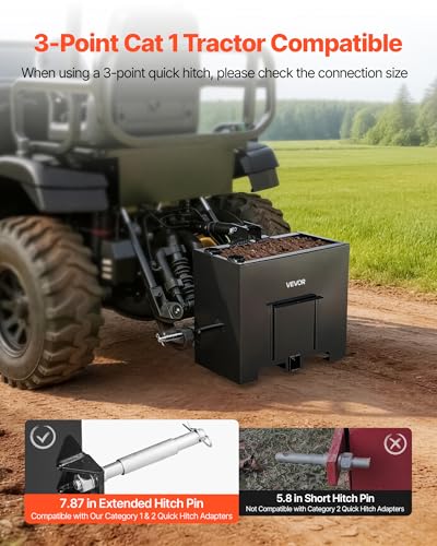 Image of VEVOR Ballast Box, 3-Point Category 1 Tractor Ballast of 800 lbs Capacity, with Standard 2 Inch Hitch Receiver, Heavy-Duty Steel 3.2 ft Large Volume Durable Loader Attachment with Sliding Door, Black