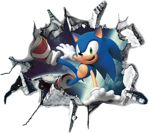Sonic Wall Decor Cartoon Wall Stickers 3D Broken Wall Game Wall Stickers Children's Bedroom Living Room Background Removable PVC Home Decoration (Sonic1)