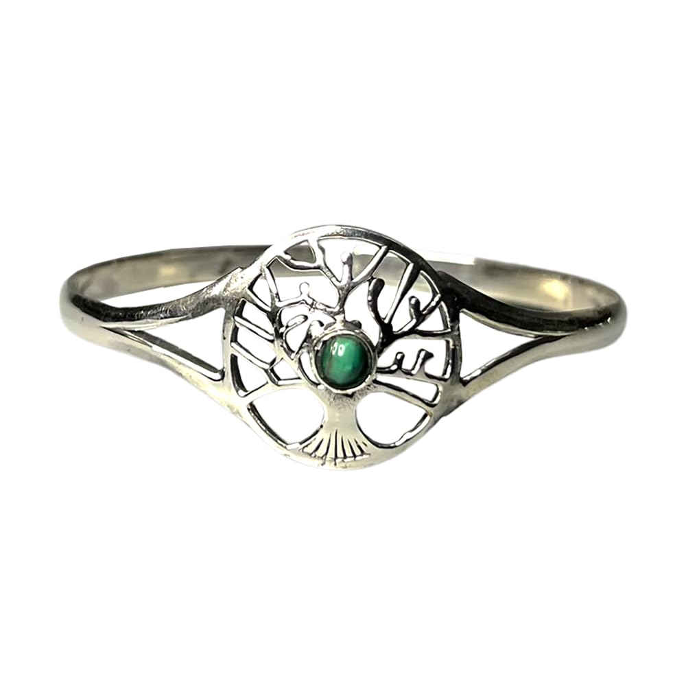 VIE Silver Plated Adjustable Tree of Life Cuff Bangle, Malachite