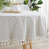 meioro Round Tablecloth White Cotton Tablecloth for Rectangle Tables, 39 Inch Checkered Tassel...