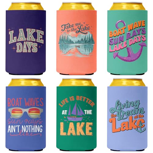 Pop Nordic Lake Can Cooler Sleeves Lake Vacation Essentials 6 Pack Beer Cozy Bulk Funny Boat Can Sleeves Gifts for Lake House Lover Boat Lovers