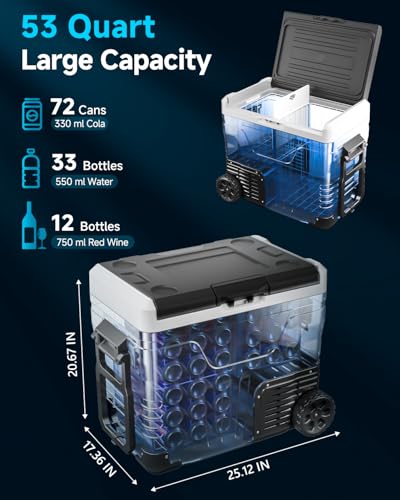 Feelfunn Car Fridge Portable 12 Volt Refrigerator - 53 Quart(50L) Electric Cooler with 12/24V DC&110-240V AC for Truck Van RV Camper SUV, 12v Cooler with Wheels for Camping Boat Travel, -4~68°F - Thumbnail 2
