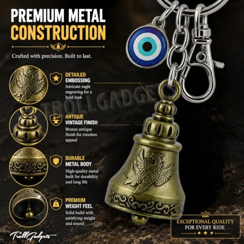Image of TrollGadgets Premium Guardian Bell Keychain for Bike & Car | Tibetan Texture Bell Keychain with Evil Eye & Silver Hook | Good Luck Charm with Laser-Engraved Box And Potley