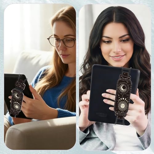 Koazava Secure Hand Strap for 6-7.5\" Kindle and Tablets, Versatile Lightweight Faux Leather E-Book Grip Holder, Heavy-Duty E-Book Accessories for Reading Lover Gift (Sun and Moon) - Thumbnail 6