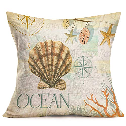 Asminifor Throw Pillow Covers Sea Ocean Beach Theme Nautical Ocean Coral Seashells Decorative Pillow Case Coastal Cushion Covers Set Of 4 Mediterranean Style Pillowslip 18" X 18"(Conch Set) #TOP1