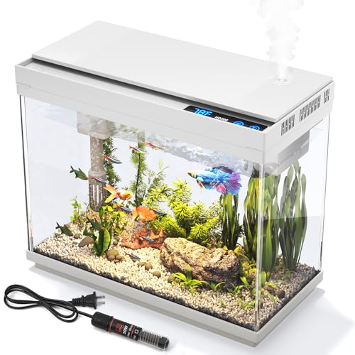 Vehipa Aquarium, 2.4 Gallon Betta Fish Tank with Heater, Humidifier 3 in 1 Pump - Filteration & Oxygenation & Circulation, Temperature Display, HD Glass, Timed 7-Color Lights