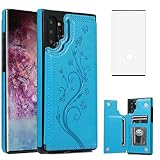 Phone Case for Samsung Galaxy Note 10 Plus with Tempered Glass Screen Protector Card Holder Wallet Cover Stand Flip Cell Glaxay Note10+ 5G Note10 + Notes 10+ Ten Not S10 10Plus Cases Women Men Blue -  Asuwish