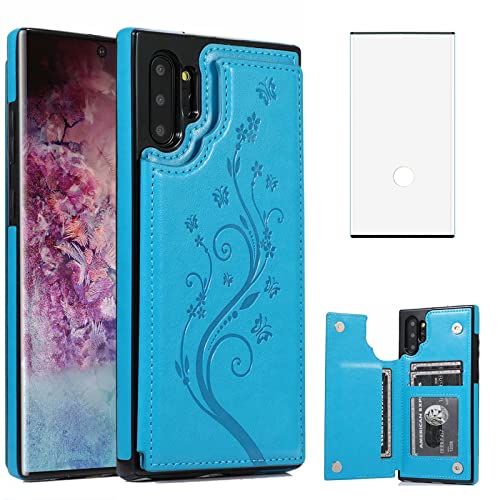 Phone Case for Samsung Galaxy Note 10 Plus with Tempered Glass Screen Protector Card Holder Wallet Cover Stand Flip Cell Glaxay Note10+ 5G Note10 + Notes 10+ Ten Not S10 10Plus Cases Women Men Blue