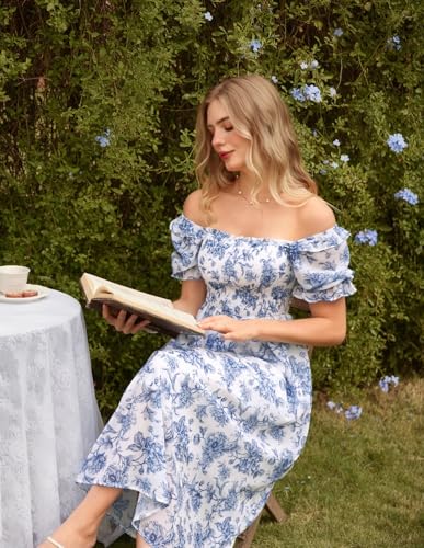 Image of Scarlet Darkness Floral Dress for Women Summer Puff Sleeve Square Neck A Line Flowy Wedding Guest Tea Party Dresses