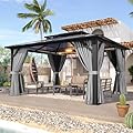 Aoxun 12'x14' Hardtop Gazebo, Aluminum Frame Permanent Pavilion with Curtains and Netting, Outdoor Polycarbonate Double Roof Canopy, Designed for Garden, Lawns, Patio, Gray