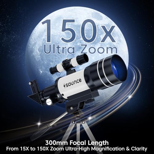 Image of Sounce 70mm Astronomical and Sky Refractor Telescope with 150x Ultra Zoom Fully Coated Glass Optics Alt Az Mount compatible with 70mm Professionals to Explore Moon Planets Star Deep Sky Objects(Black)