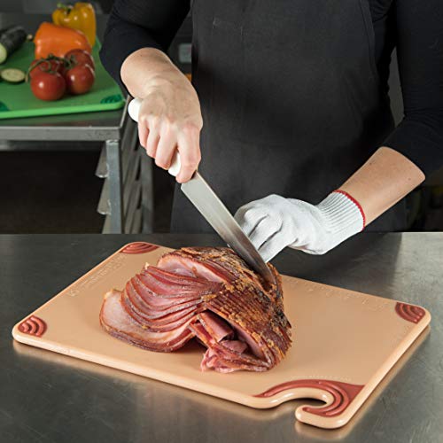 Image of San Jamar Saf-T-Grip Plastic Cutting Board with Safety Hook, 12 inch x 18 inch x 0.5 inch, Brown