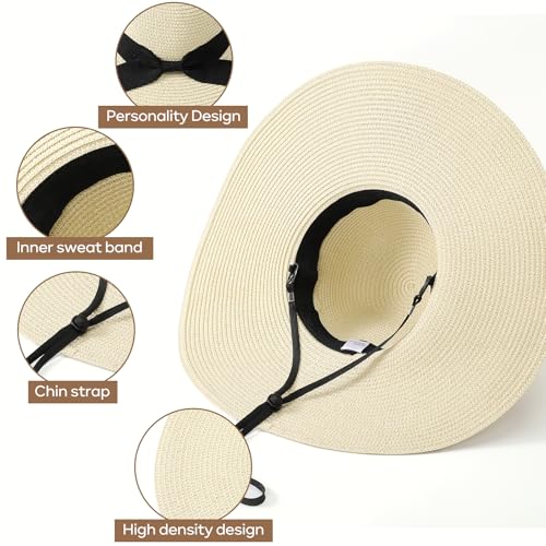 Image of Sun Beach Hats for Women,Wide Brim Straw Hats Womens with Chin Strap, Foldable Woven Sun Hat UV Protection