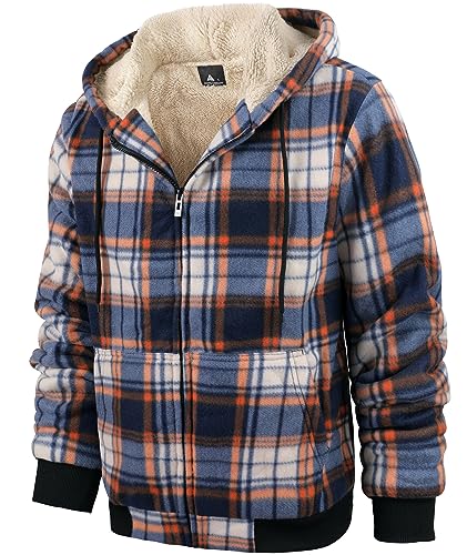 Image of Mens Plaid Hoodies Winter Zip Up Fleece Jacket Sherpa Fleece Lined Warm Flannel Jacket Coat