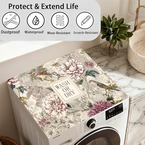 Image of Washer Dryer Top Cover Mat, Non-Slip Laundry Room Decor, Laundry Room Kitchen Appliance Decor Protector Universal 23.6 inchx19.7 inch (Flowers and Birds)
