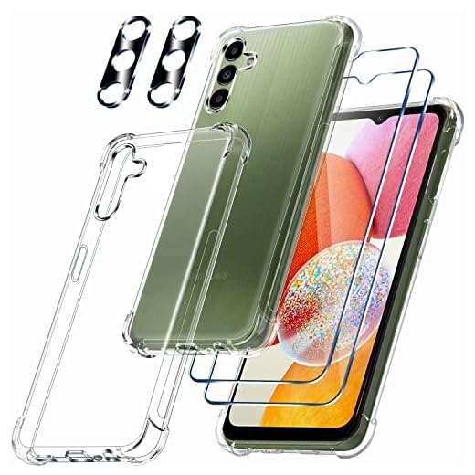 Ferilinso 6 in 1 Carcasa Funda para Samsung Galaxy A14 4G 5G Transparente Silicona Case, con 2 Piezas 9H Dureza HD Protector Pantalla Cristal Templado 2 Piezas Protector Cámara Accesorios