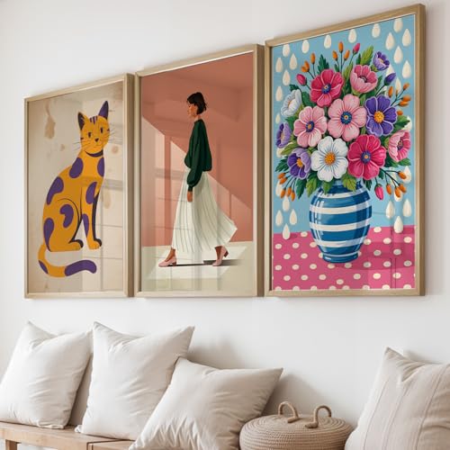 Image of NoWorries Modern Cat Illustration Wall Art Framed Painting Set of 3 | Minimalist Woman Portrait Prints with Frame | Colorful Floral Vase Artwork | Boho Scandinavian Home Decor Wall Frames for Living Room, Bedroom and Office Wall Gallery (Ready to Hang) (Art-11, 13x19inch, Wooden)