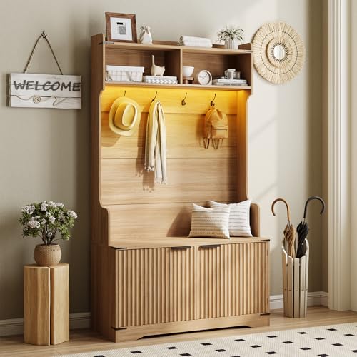 Maupvit Farmhouse Hall Tree with Bench and Shoe Storage 4 Coat Rack with Shoe Storage Cabinet 5-in-1 Entryway Organizer with Led Lights Adjustable Shelves & Flip Drawers Mudroom Seat Stool Oak