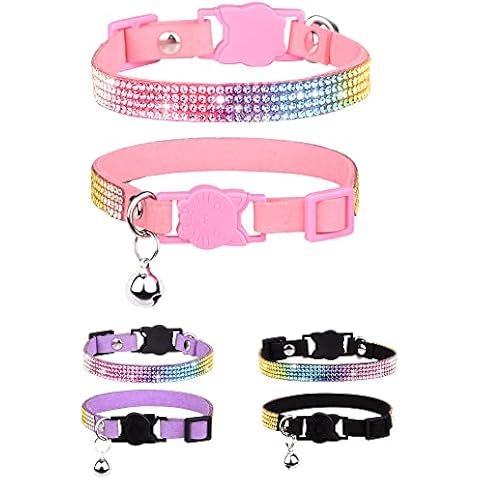 Solmoony Breakaway Cat Collars with Bell,Adjustable Safe Kitten Collar,Cat Collars for Girl Cats with Rhinestone Soft Velvet (Pink1) Cover