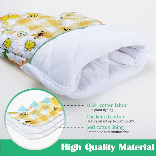 Bee Daisy Oven Mitts and Pot Holders -100% Cotton, Heat Resistant Extra Long Oven Gloves & Hot Pads for Cooking BBQ Grilling Baking Gift, Set of 4 - Image 3