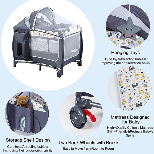 4 in 1 Pack and Play,Portable Nursery Center Baby Playard with Bassinet &Changing Table,Foldable Baby Crib Travel Playpen with Wheels,Removable Canopy with Toys,Storage Bag (Grey) - Thumbnail 3