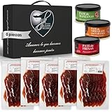 Julián Becerro Cesta Gourmet para Regalar | Cestas de Navidad con 5 Paquetes de Jamón de Bellota 50% Raza Ibérica | Trío de patés de frutas (Lote Jamón Bellota)