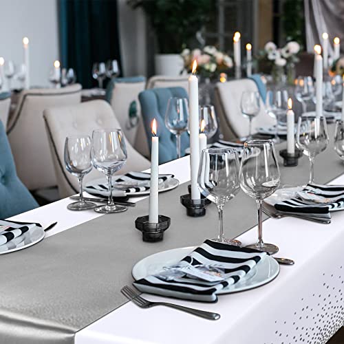 Image of Breling 8 Pack White and Silver Disposable Plastic Tablecloths and Satin Table Runner Set, 54 x 108 Inch Tablecloth, 12 x 108 Inch Table Runners for Wedding Graduation Birthday Baby Shower New Year