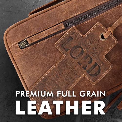 ELIZO Leather Bible Cover for Men Bible Case for Women Zippered Holder Protector Cross Church Tote Bag Carrying Organizer Sleeve Gift Standard Saddle - Thumbnail 3