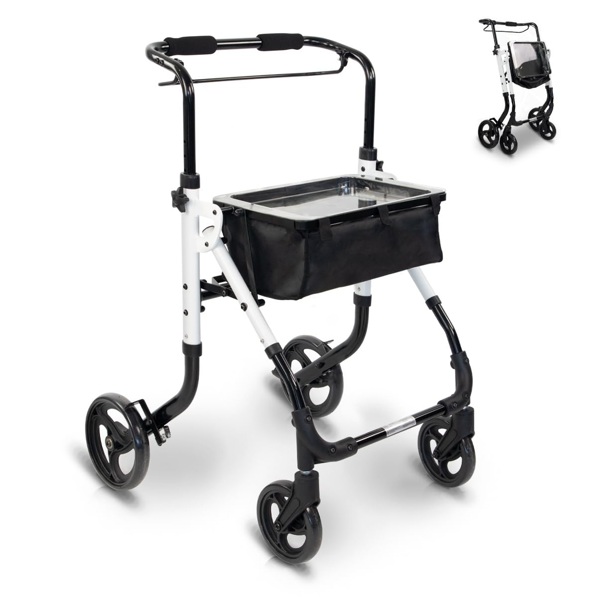 Mobiclinic®, Andador adulto, Estrecho, Olimpo, Aluminio, Plegable, Moderno, Con bolsa, Monomando, Regulable, Sistema subebordillos, Bandeja, Ruedas giratorias, Freno manual, Fácil manejo