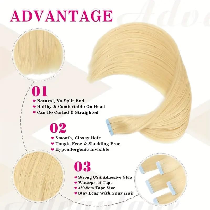 Tape in Hair Extensions Human Hair Platinum Blonde 18 Inch 50g/pack 20pcs Straight Seamless Skin Weft Tape in Real Human Hair Extensions (60A, 18inch)