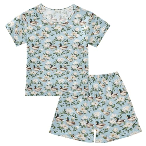 ALAZA Ducks White Flowers Pajama Set Short Sleeve Sleepwear Soft Lounge Nightwear