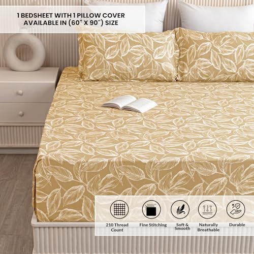 Image of HOMEMONDE Premium 210 TC Cotton Bedsheet Single 60 x 90 Inches Leaf Printed Soft Flat Sheet with Single Pillow Cover 18 x 28 Inch, Perfect for Home Decor & Gifting - Golden