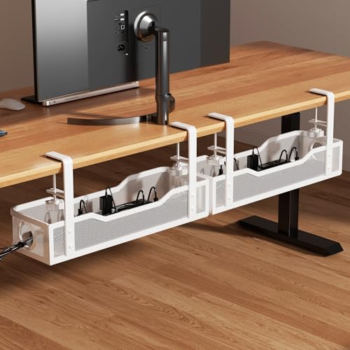 Image of [Upgraded] 2 Pack Under Desk Cable Management Tray, Cinati Cord Organizers for Table Thickness up to 3 inch, 16 inch Wire Organization with Clamp No Drill, Cable Management Box for Office - No Damage to Desk
