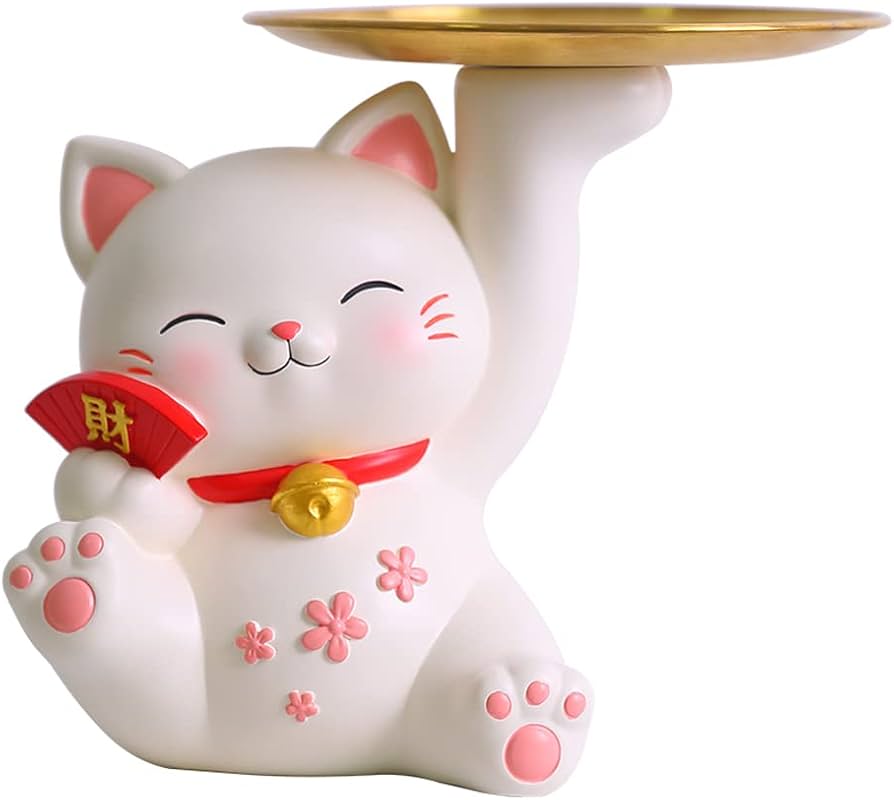 招き猫　猫の置物　オブジェ 置物 動物 可愛い 猫の置物 招き猫 金招き ホワイト＆グレー