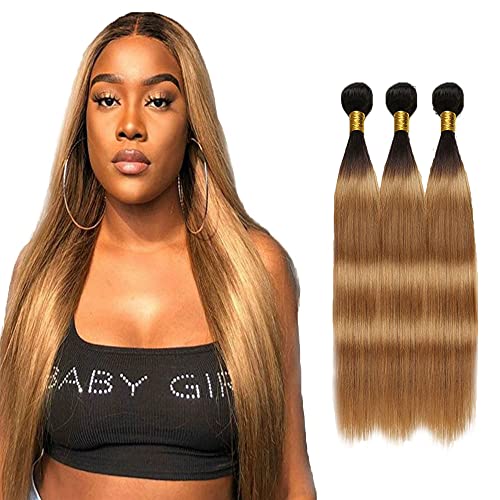 AuokMar 1B27 Human Hair Bundles Ombre Bundles Blonde Straight Hair Weave Bundles 1B27 Tow Tone Hair 3 Bundle Brazilian Virgin Hair 300g Remy Hair Bundles 26 28 30 Inch
