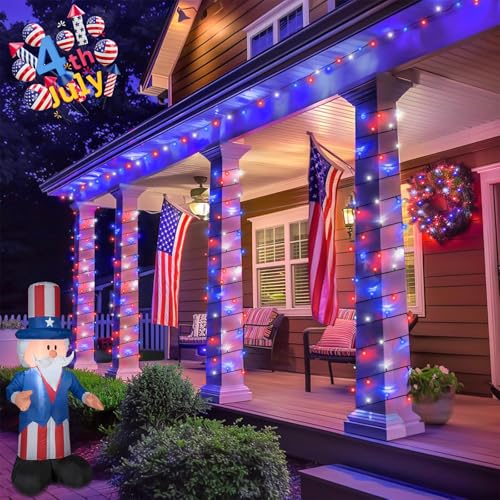 YEGUO Solar String Lights Outdoor Waterproof, 2 Packs Each 66ft 200LED Red White Blue Light, 8 Modes 4th of July Lights for Independence Memorial Day Decor by YEGUO - Used condition - Image 7