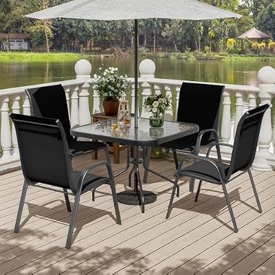 UDPATIO Patio Dining Set for 4, Outdoor Table and Chairs Set with Textured Glass Table, 4 Stackable Patio Chairs, Outdoor Furniture Set for Deck Garden Backyard Lawn Poolside (Black)