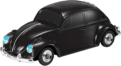 QFX Bluetooth 1960 Bug Retro Car Replica Altavoz, Altavoces de 3 pulgadas, Enlace Manos Libres, Micrófono Integrado, Radio FM y Luces LED de Fiesta,