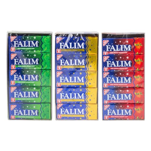 Falim Kaugummi 3er Set je 20 Packungen à 5 Stück (300 Stück) Mastix Minze & Erdbeere zuckerfrei & langanhaltend türkischer Kaugummi in 3 Sorten ideal für unterwegs & zum Teilen