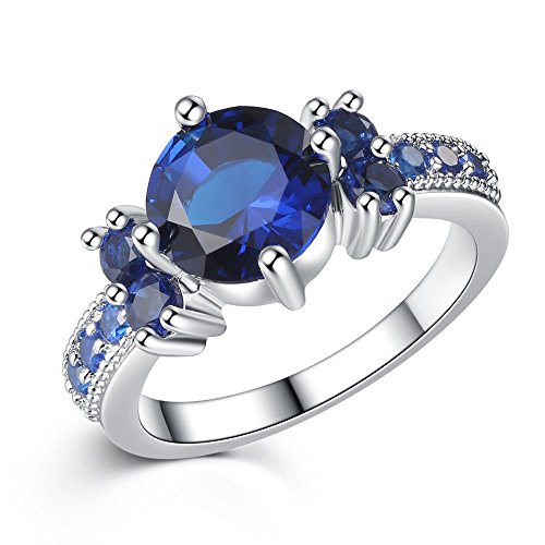 ONECK Mujeres Anillo de 10K GF Cristal Azul Piedra Anillos de Boda Joyas con Exquisito Joyas Caja de Regalo
