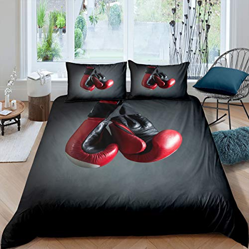 Boxing Bedding Set Sports Theme Comforter Cover For Boys Adult Men,Boxing Gloves Pattern Duvet Cover Sports Games Room Decor Fighting Competition Pugilism Quilt Cover Single Size Red Gray