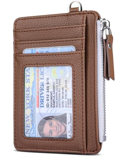 Image of Teskyer Slim Minimalist Wallet, RFID Blocking Credit Card Holder Leather Wallet with Zipper Pocket for Men Women, Coffee, 3.5 inch x 4.7 inch, Minimalist | Zip Pocket for Cash Coin, 1 ID Window & 7 Card Slots, Ultra Slim Design, D-Ring for Neck Lanyard, for Daily Carry and Travel